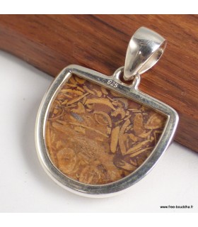 Pendentif Jaspe Coquina semi‑oval pierre naturelle argent 925