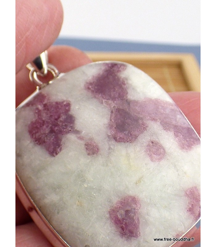 Pendentif Tourmaline rose sur Quartz carré authentique argent 925