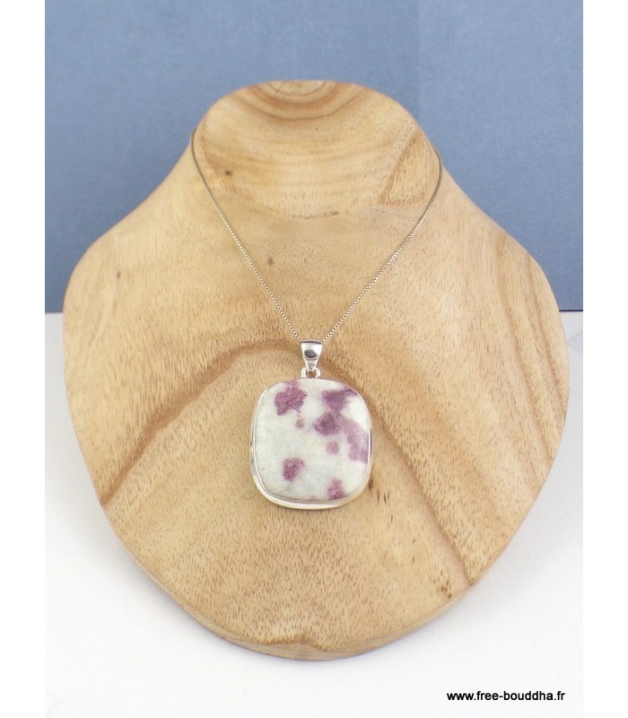 Pendentif Tourmaline rose sur Quartz carré authentique argent 925