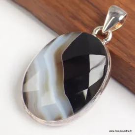 Pendentif oval Agate noire à bandes facettée - Bijoux en Agate Noire à bandes