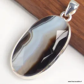 Pendentif Agate noire à bandes oval facetté - Bijoux en Agate Noire à bandes