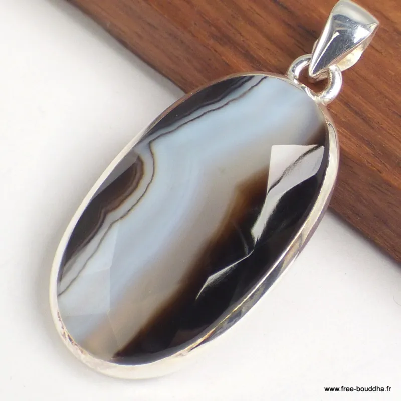 Pendentif Agate noire à bandes oval facetté - Bijoux en Agate Noire à bandes
