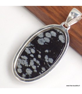 Pendentif Obsidienne floconneuse ovale argent 925 véritable certifié