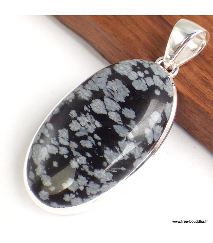 Pendentif Obsidienne floconneuse ovale argent 925 véritable certifié