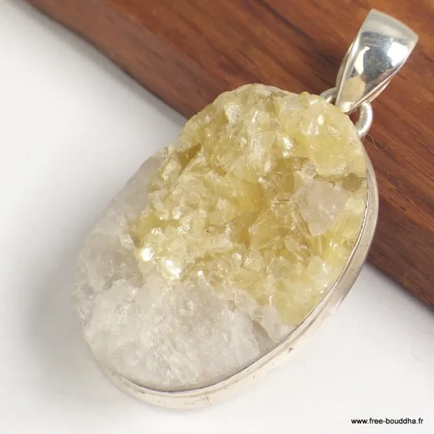 Pendentif argent oval Lépidolite jaune brute - Bijoux en Lépidolite jaune