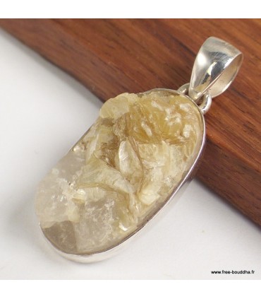 Pendentif Lépidolite jaune brute argent 925 ovale certificat inclus