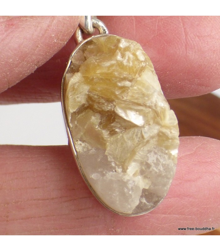 Pendentif Lépidolite jaune brute argent 925 ovale certificat inclus