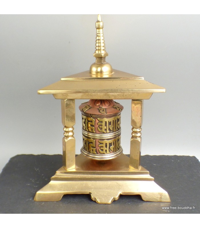 Moulin à prières tibétain laiton cuivre 3 piliers Népal