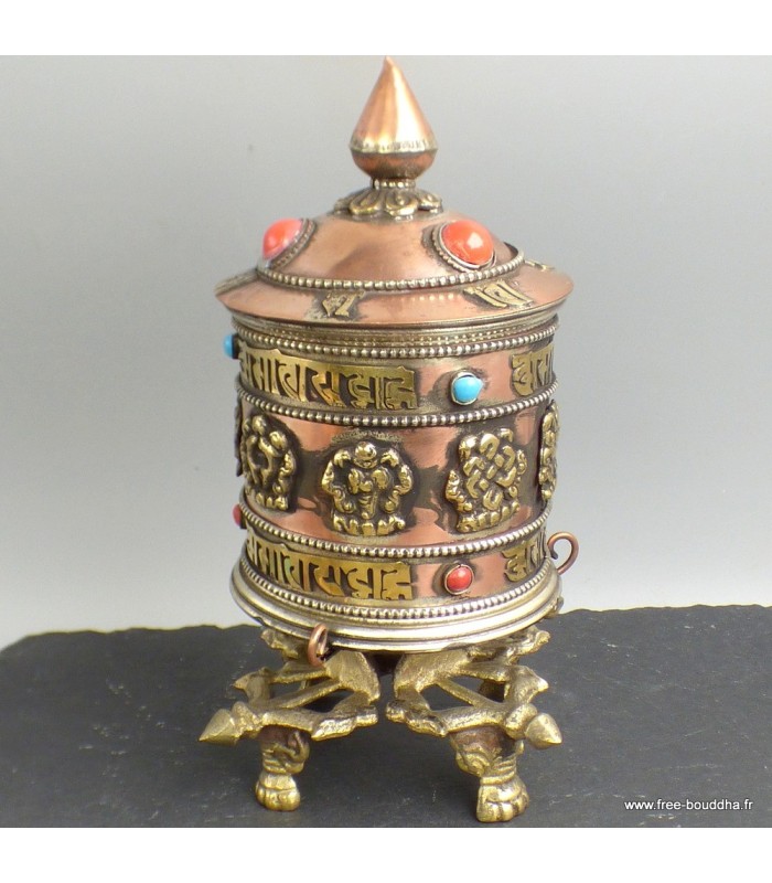 Moulin à prières tibétain en métal, 16 cm, artisanal.