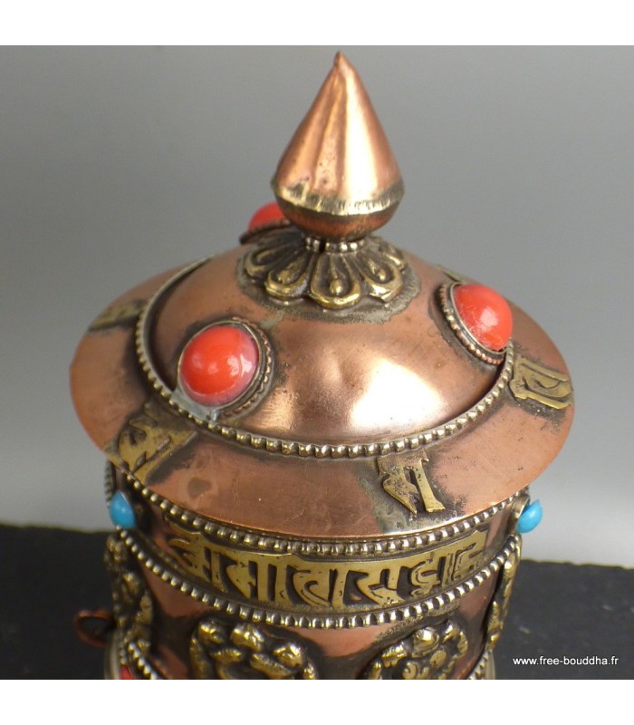 Moulin à prières tibétain en métal, 16 cm, artisanal.