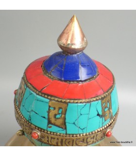 Moulin à prières bouddhiste artisanal, Turquoise, Corail, Lapis Lazuli