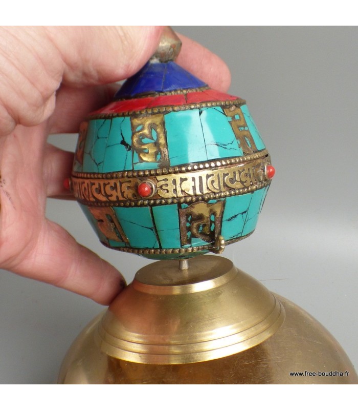 Moulin à prières bouddhiste artisanal, Turquoise, Corail, Lapis Lazuli