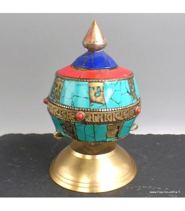 Moulin à prières bouddhiste artisanal, Turquoise, Corail, Lapis Lazuli