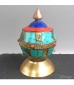 Moulin à prières bouddhiste artisanal, Turquoise, Corail, Lapis Lazuli