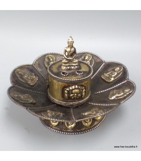 Brûleur d'encens tibétain en cuivre avec Bouddhas.