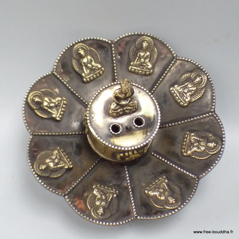 Porte-encens tibétain Lotus et Bouddha cuivre vieilli - Porte-encens tibétains