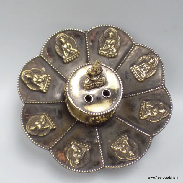 Porte-encens tibétain Lotus et Bouddha cuivre vieilli - Porte-encens tibétains