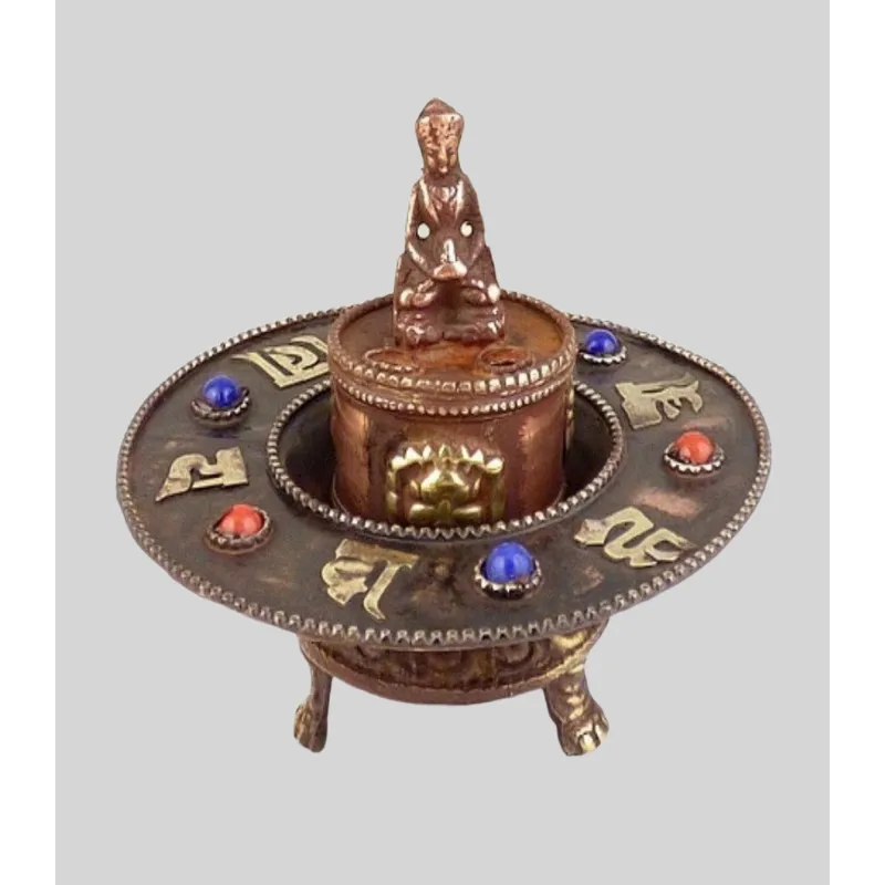 Brûleur d'encens tibétain rond orné de Mantra - Porte-encens tibétains