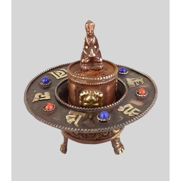 Brûleur d'encens tibétain rond orné de Mantra - Porte-encens tibétains