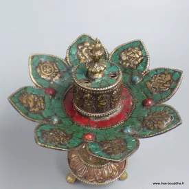 Brûleur d'encens orné des signes auspicieux cuivre pierres - Porte-encens tibétains