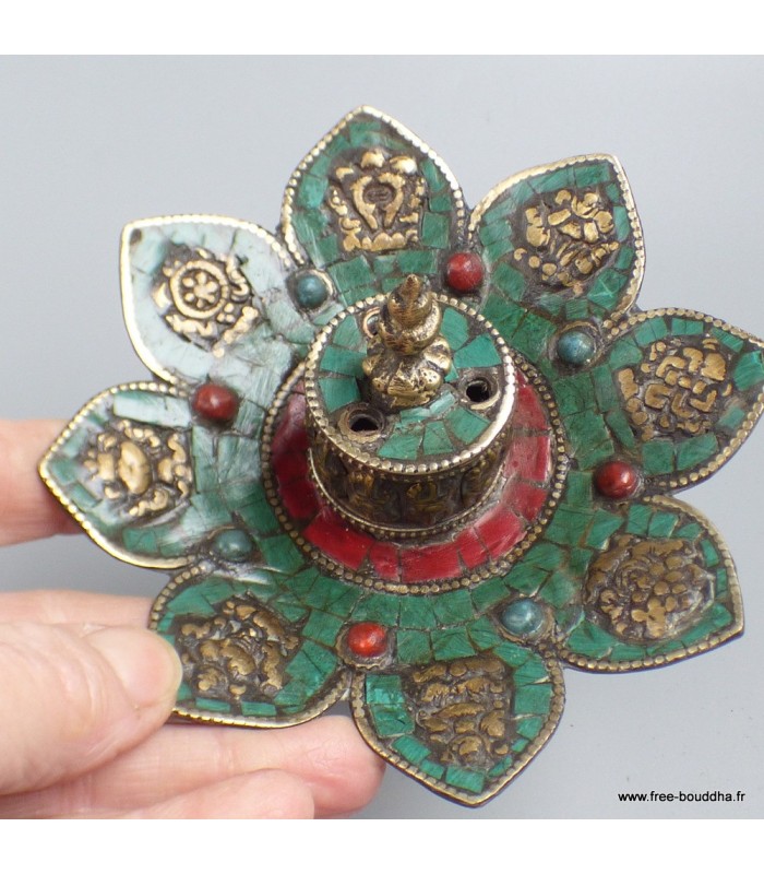 Porte-encens bouddhiste en laiton et turquoise – artisanal Népal