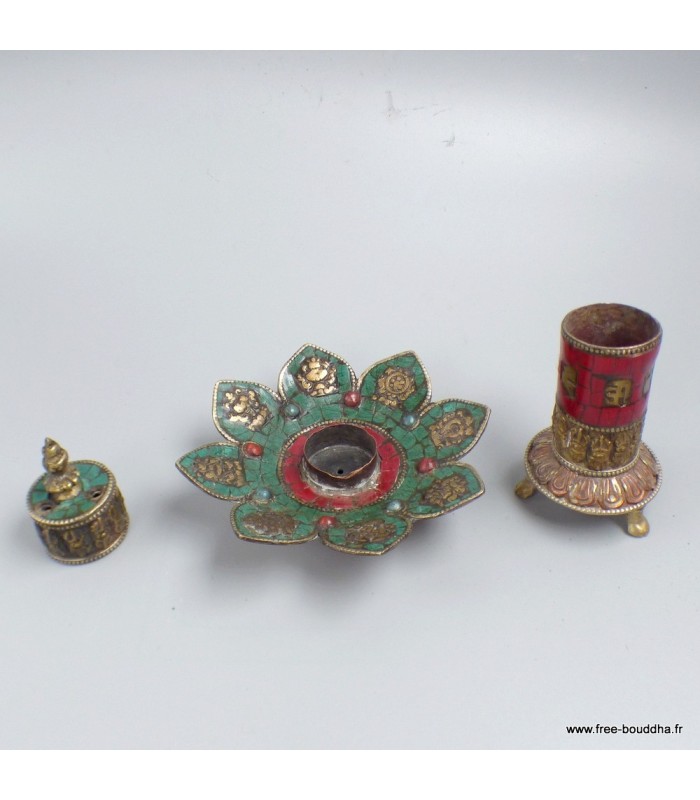 Porte-encens bouddhiste en laiton et turquoise – artisanal Népal
