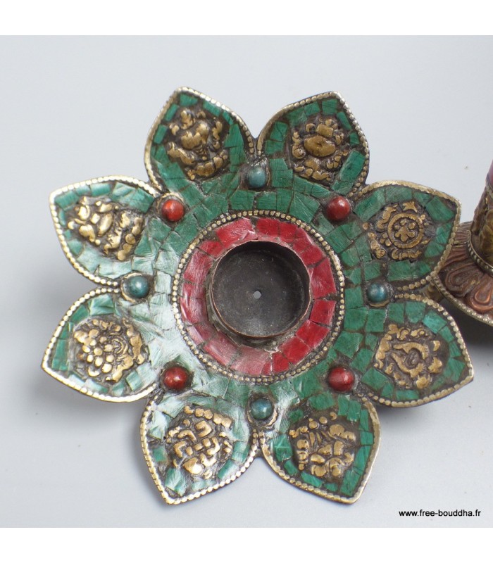 Porte-encens bouddhiste en laiton et turquoise – artisanal Népal