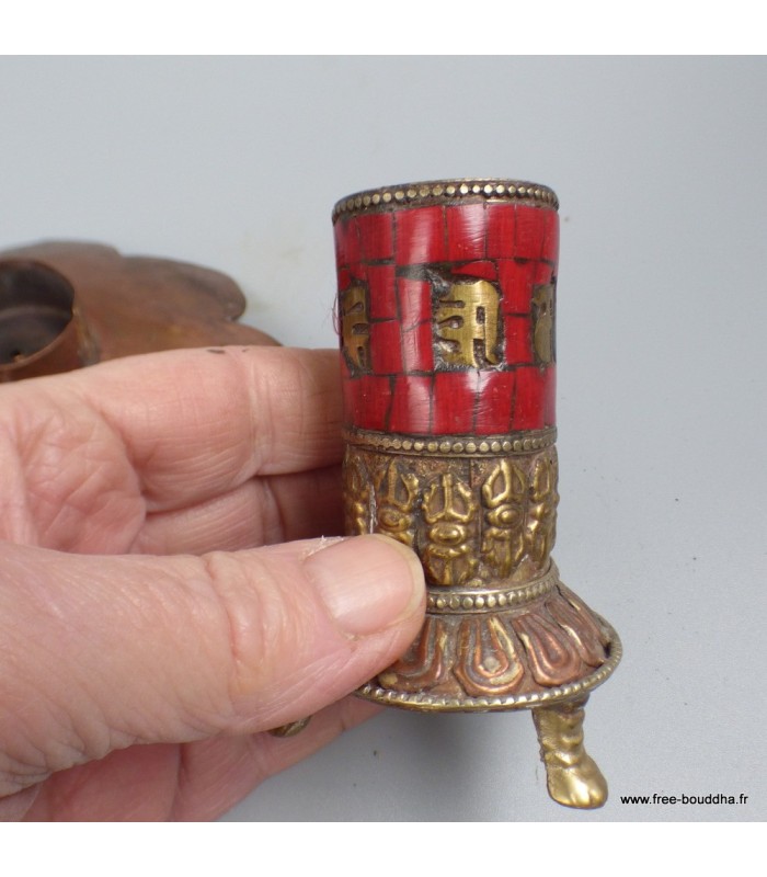Porte-encens bouddhiste en laiton et turquoise – artisanal Népal