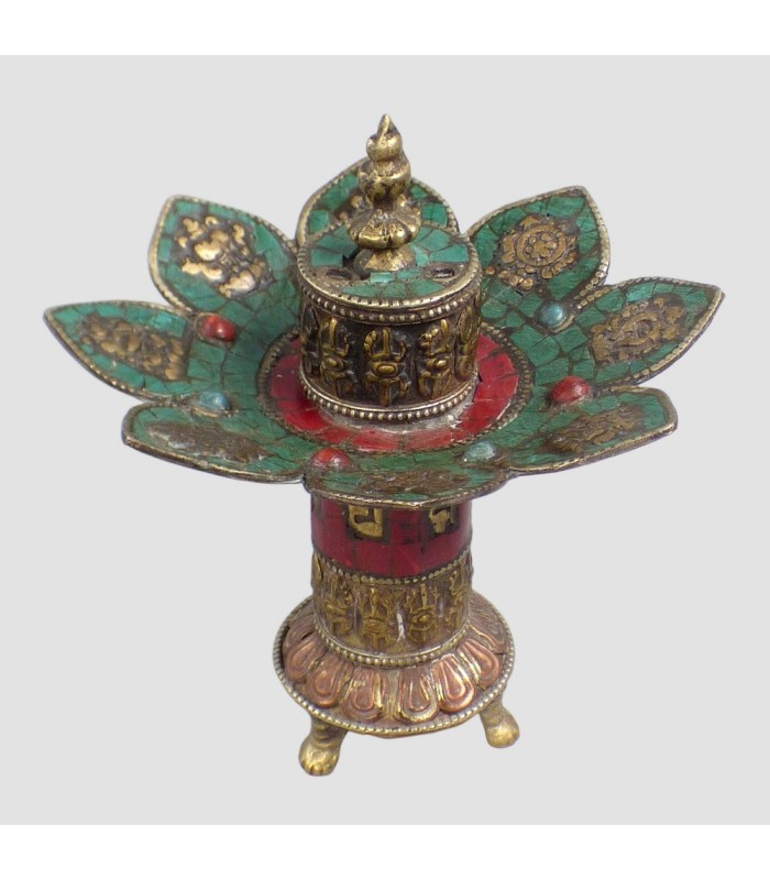 Porte-encens bouddhiste en laiton et turquoise – artisanal Népal