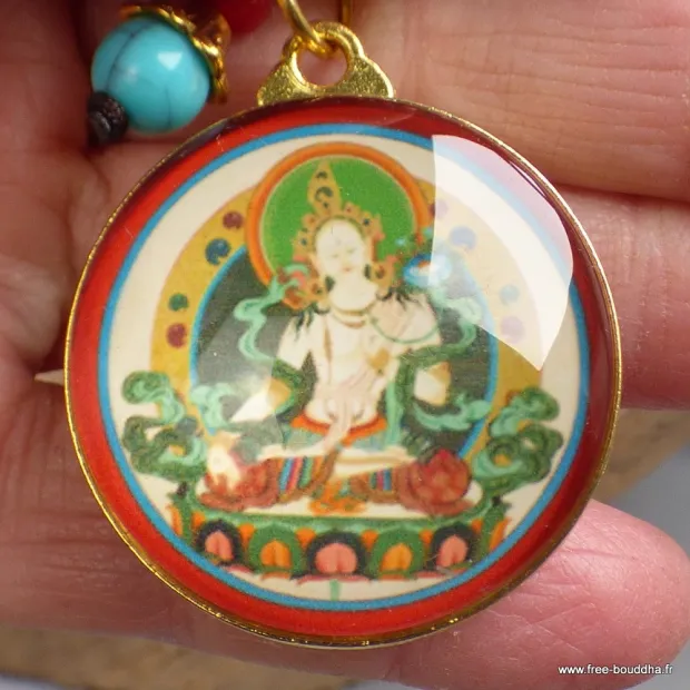 Porte-clé Tara blanche, amulette divinité bouddhiste - Amulette bouddhiste, porte-clé
