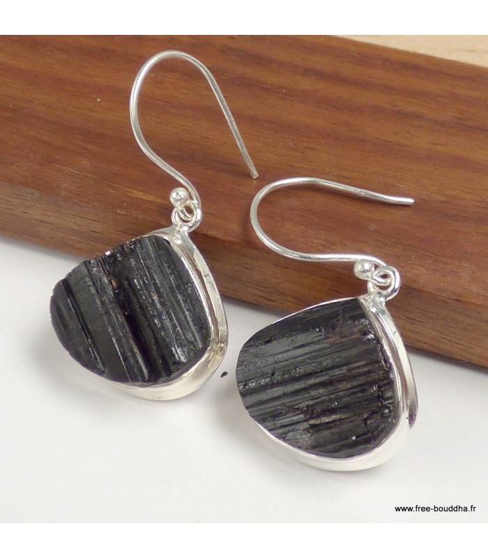 Boucles d’oreilles Tourmaline noire brute triangulaires argent 925