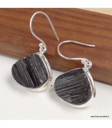 Boucles d’oreilles Tourmaline noire brute triangulaires argent 925