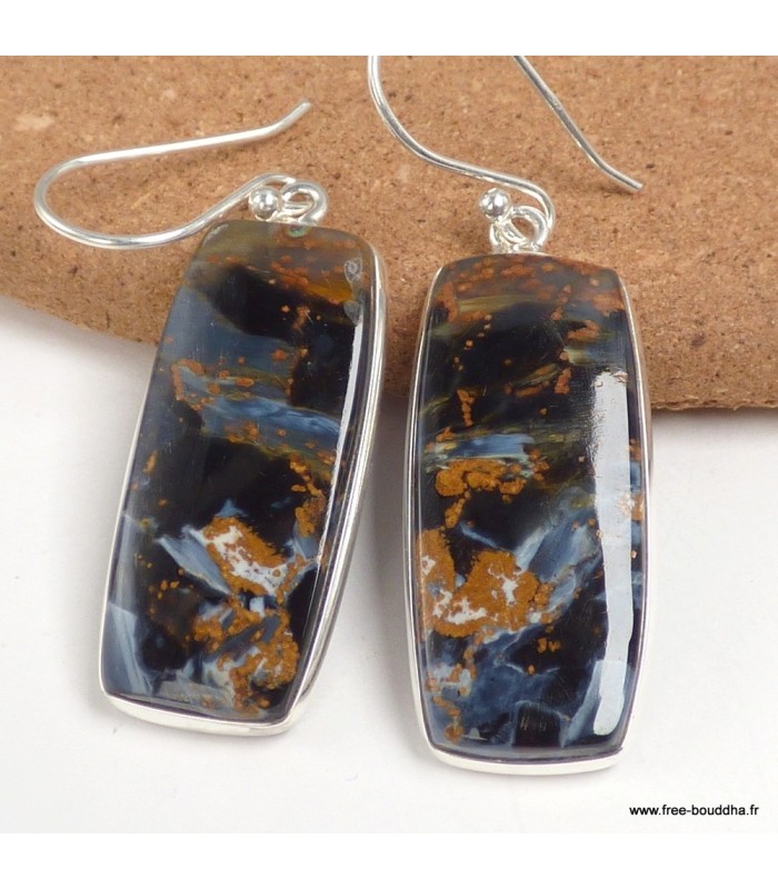 Boucles d’oreilles Pietersite fauve Namibie forme rectangulaire argent