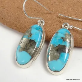 Boucles d'oreilles ovales Turquoise Mohave sur Pyrite - Bijoux en Turquoise