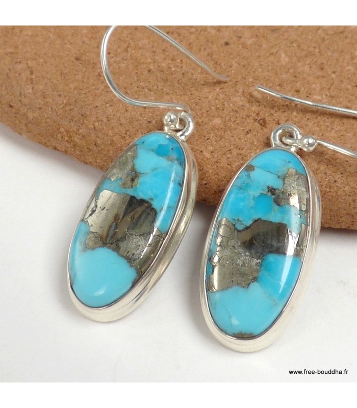 Boucles Turquoise Mohave sur Pyrite authentique ovales argent 925