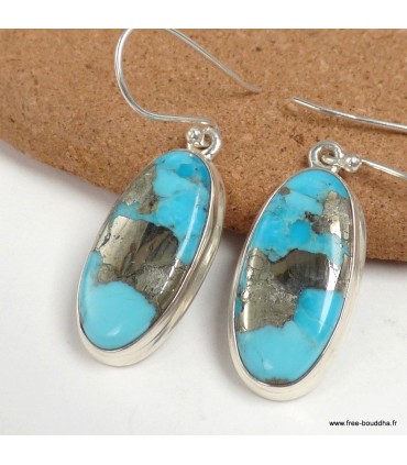 Boucles Turquoise Mohave sur Pyrite authentique ovales argent 925