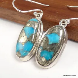 Boucles d'oreilles ovales Turquoise sur Pyrite - Bijoux en Turquoise