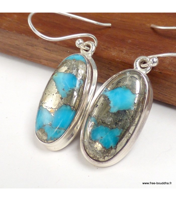 Boucles Turquoise sur Pyrite véritable forme ovale argent 925