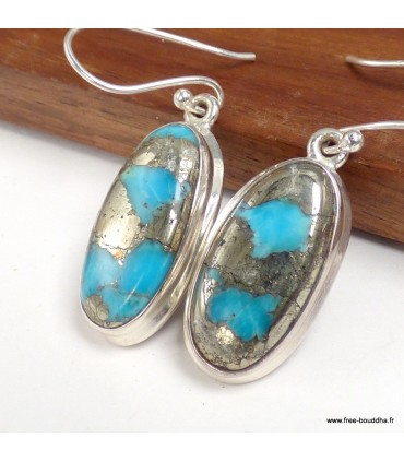 Boucles Turquoise sur Pyrite véritable forme ovale argent 925