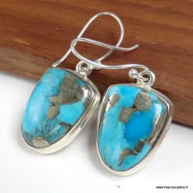 Boucles d'oreilles semi-ovales Turquoise sur Pyrite - Bijoux en Turquoise