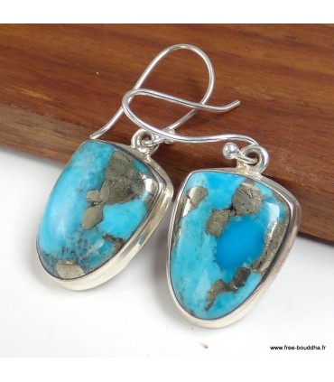 Boucles Turquoise sur Pyrite véritable semi‑ovales en argent 925