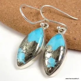 Boucles d'oreilles Turquoise sur Pyrite forme marquise - Bijoux en Turquoise