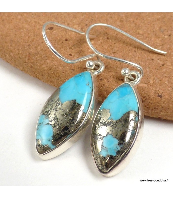Boucles Turquoise sur Pyrite authentique forme marquise argent 925