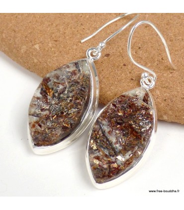 Boucles Astrophyllite authentique forme marquise en argent 925