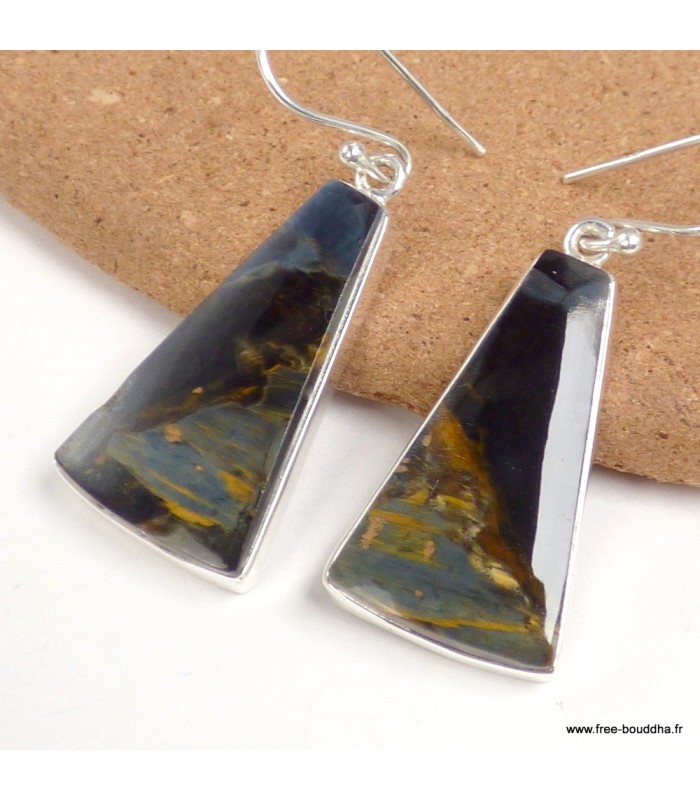 Pietersite bleue naturelle triangle boucles argent 925