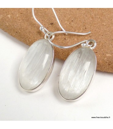 Boucles d’oreilles Sélénite authentique argent 925 ovales allongées