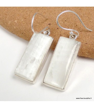 Boucles d’oreilles Sélénite authentique argent 925 rectangulaires