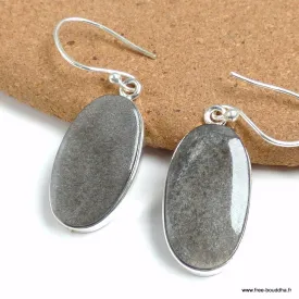 Boucles d'oreilles ovales en Obsidienne noire argentée - Boucles d'oreilles en pierres naturelles