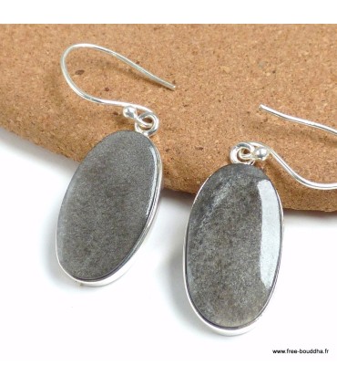 Boucles d’oreilles véritable Obsidienne noire argentée argent 925