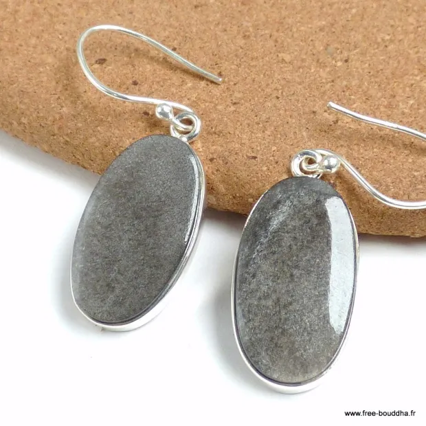 Boucles d'oreilles ovales en Obsidienne noire argentée - Boucles d'oreilles en pierres naturelles